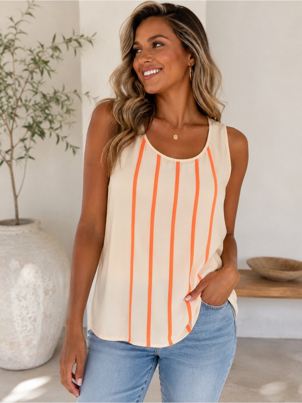 Ann Taylor Cream Sleeveless Tank with Orange Vertical Stripes